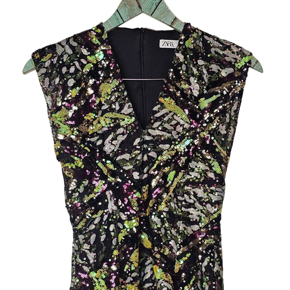 ZARA Multi-color Sequin Mini Dress Deep V-Neck Limited Edition, NWOT, Sz. XS - Picture 5 of 12